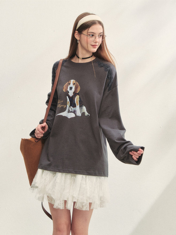 Lace Panel Dog Print Crew Neck Tee