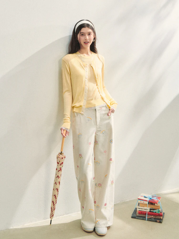 Lace Trimmed Crew Neck Knitted Cardigan Set