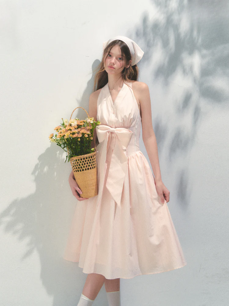 Halter V-neck Sling Bow Dress