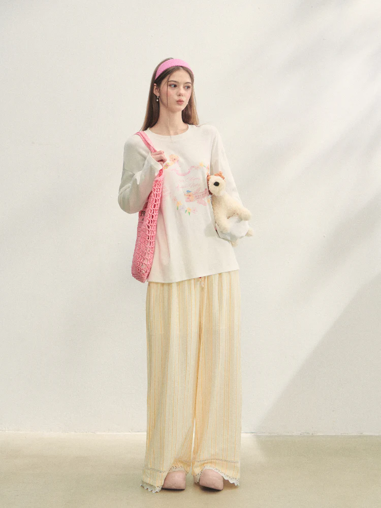 Crew Neck Dog Print Long-Sleeve Tee