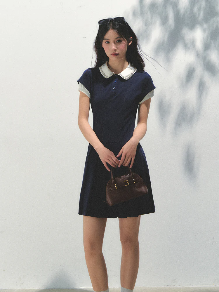 Polo Collar Rhinestone Pleated Dress
