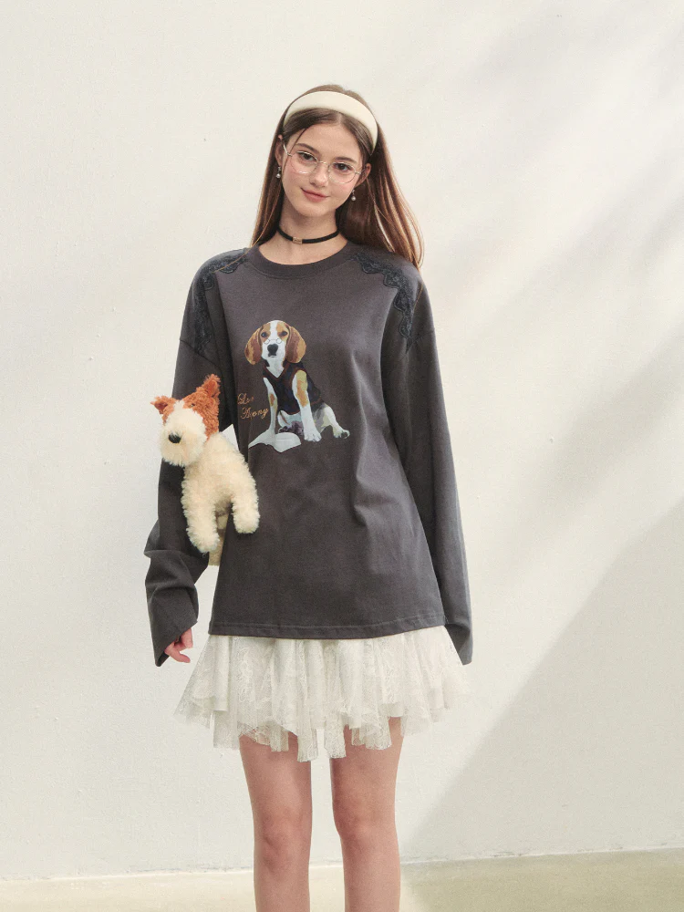 Lace Panel Dog Print Crew Neck Tee