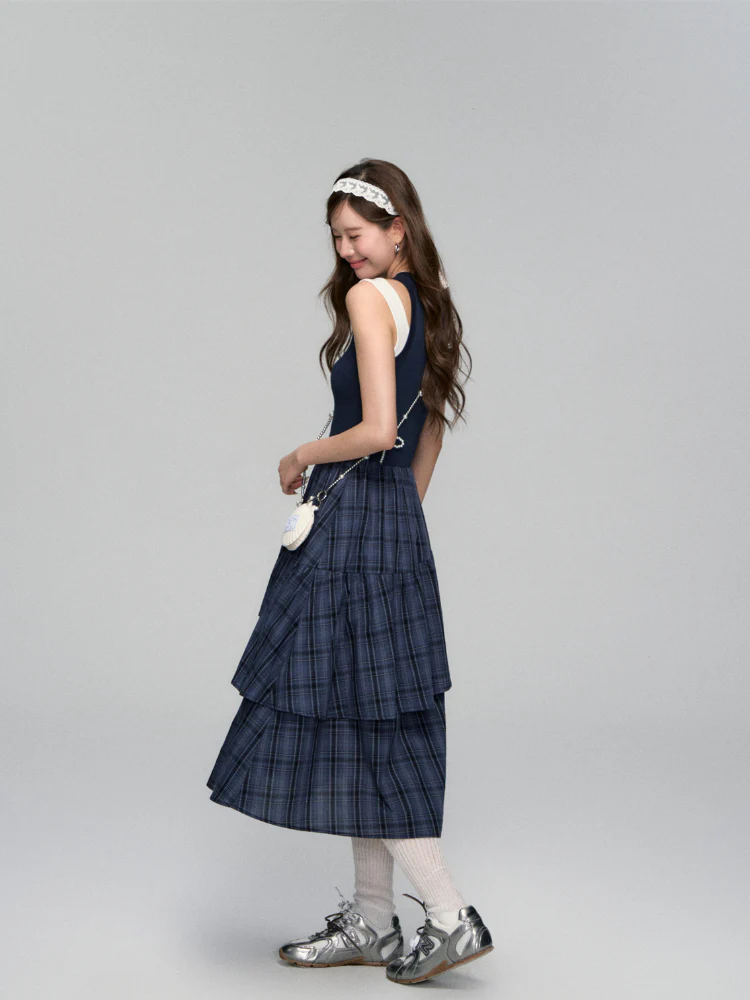 Plaid Asymmetric Sleeveless Vest Dress