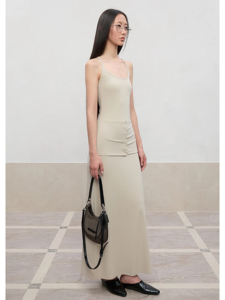 Deep U-Neck Button-Strapped Dress