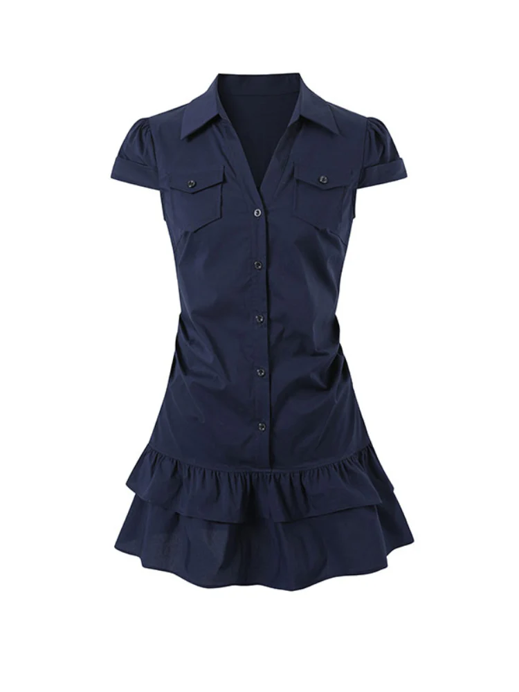 Waist-Cinching Elastic Short - Sleeve Shirt Dress