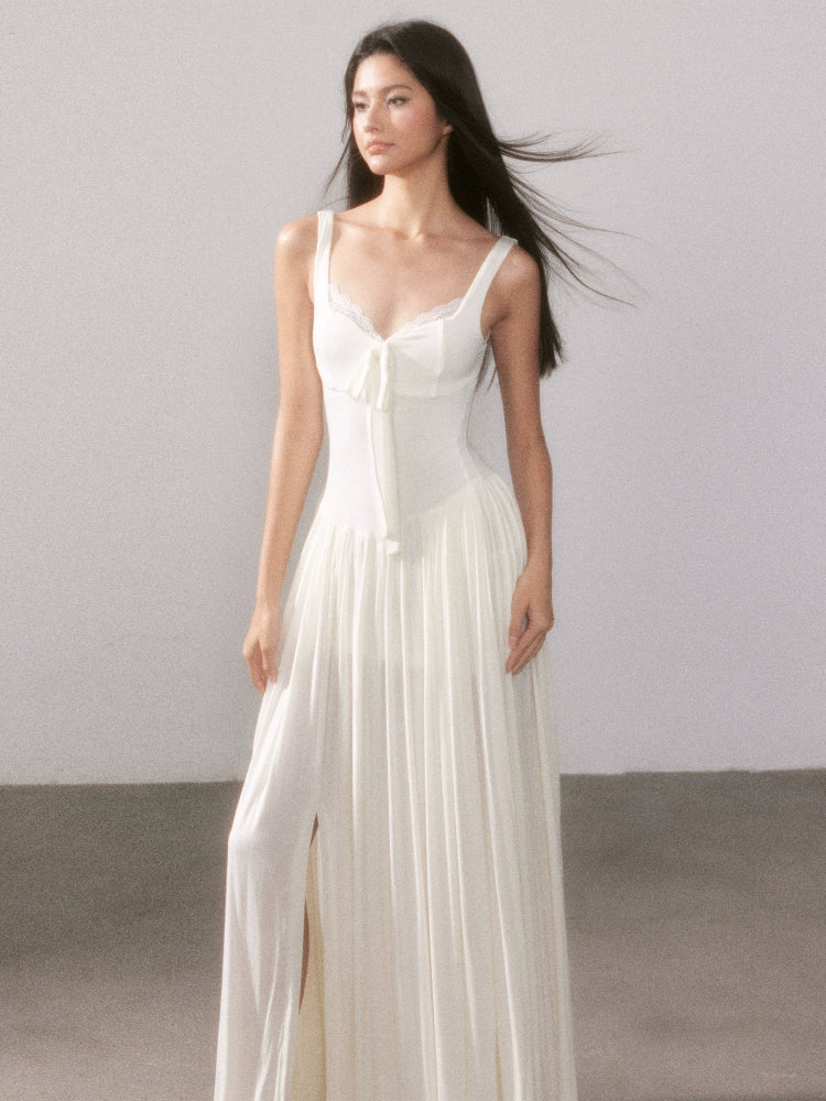 Lace Knit Spaghetti Strap Slit Long Dress