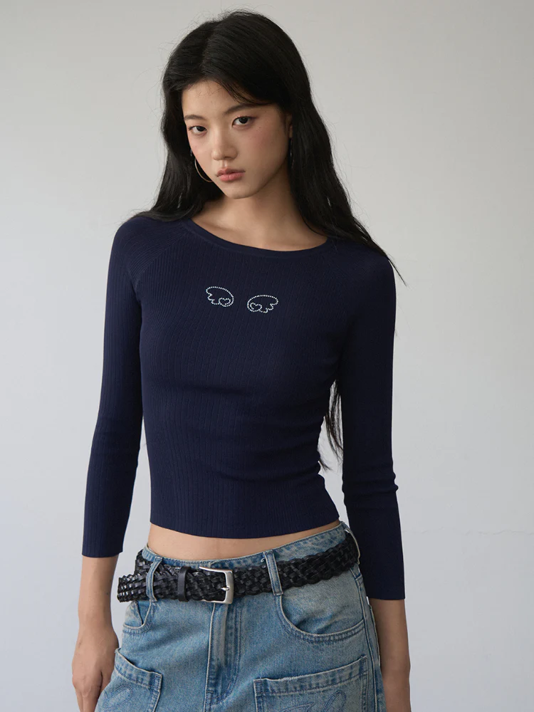 Rhinestone Heart Wings Slim Long-sleeved T-shirt