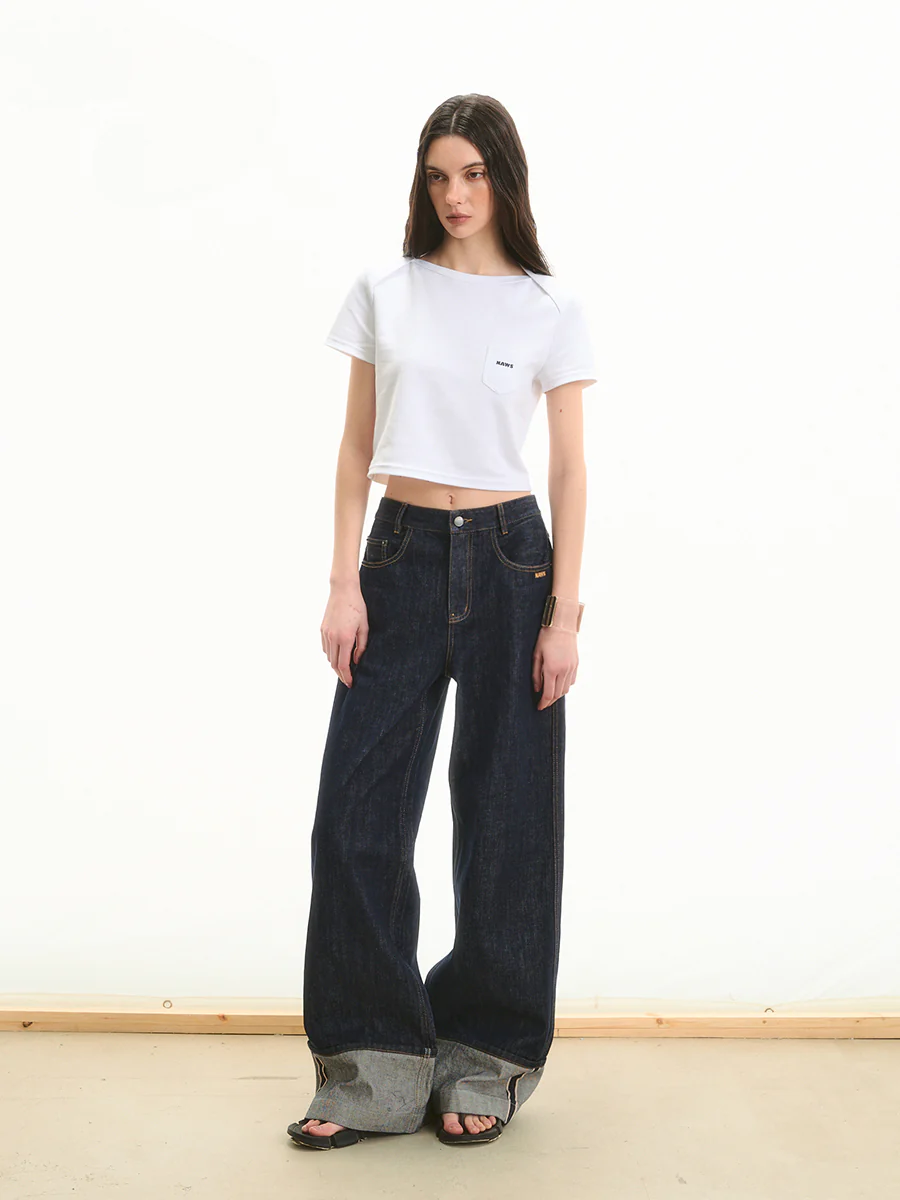 Cuffed Mid-Rise Straight-Leg Denim Jeans