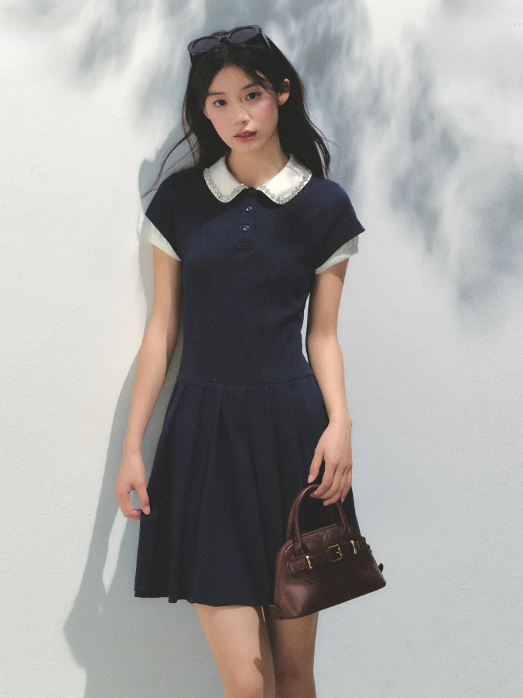 Polo Collar Rhinestone Pleated Dress