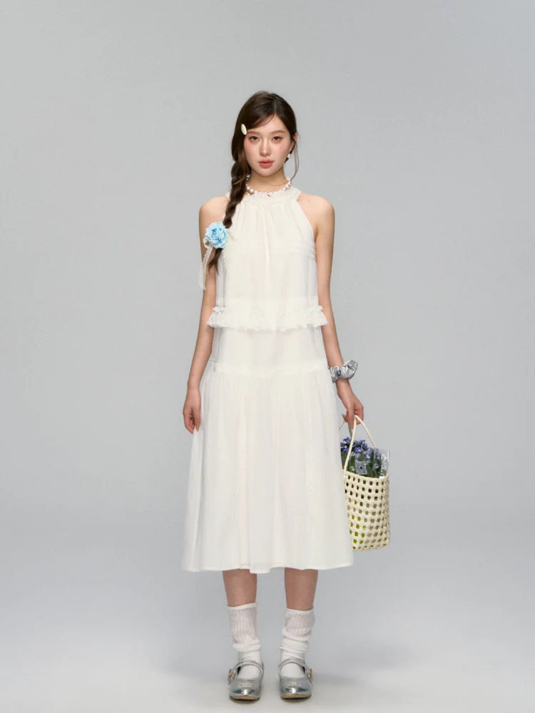 Halter Off-shoulder Lace-trimmed Dress