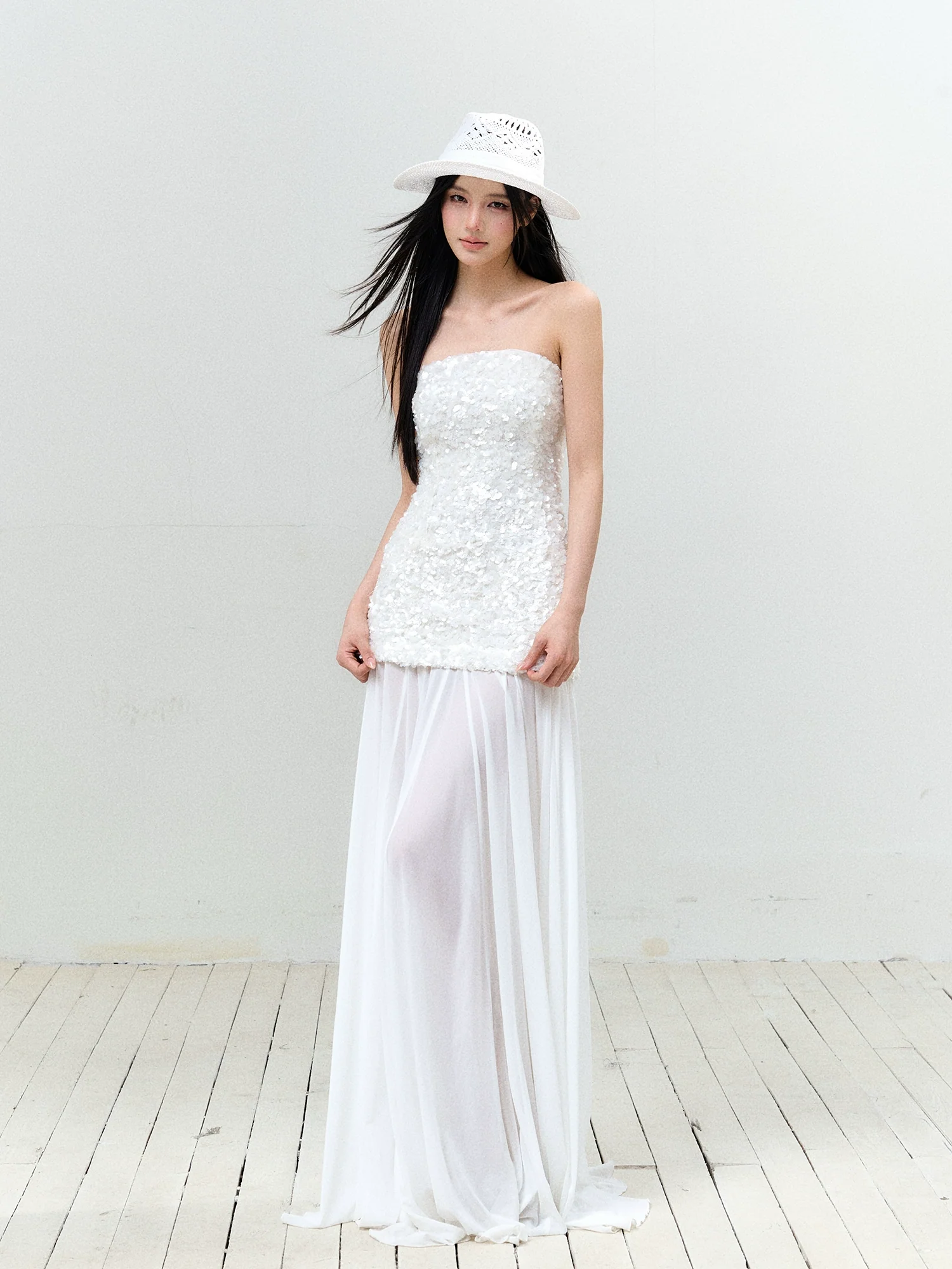 Sequin Mesh Strapless Dress