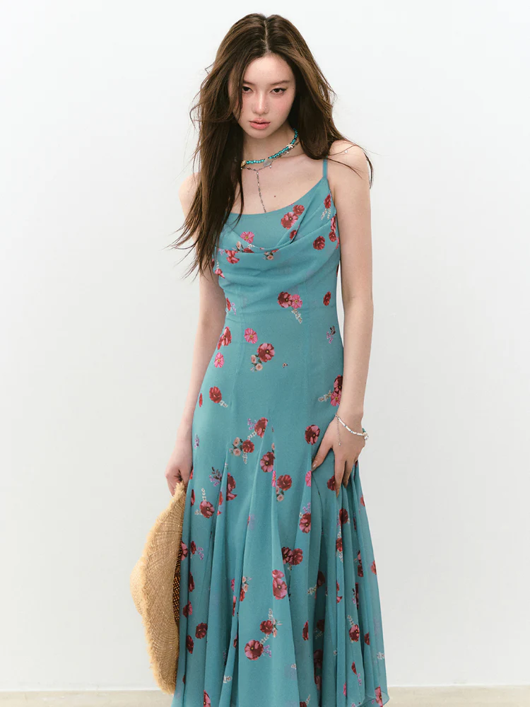 Flowing Flower Waist-cinched Cowl-neck Dress