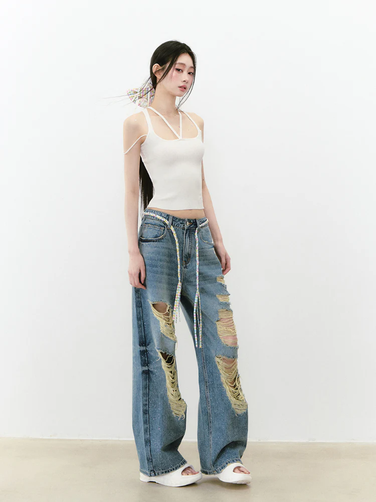 Blue Sparkly Ripped Jeans