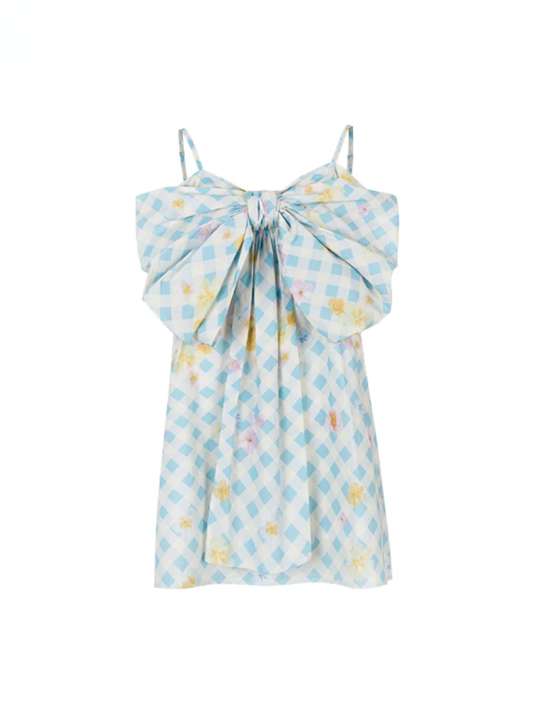 Plaid Floral Bow Print Spaghetti Strap Dress