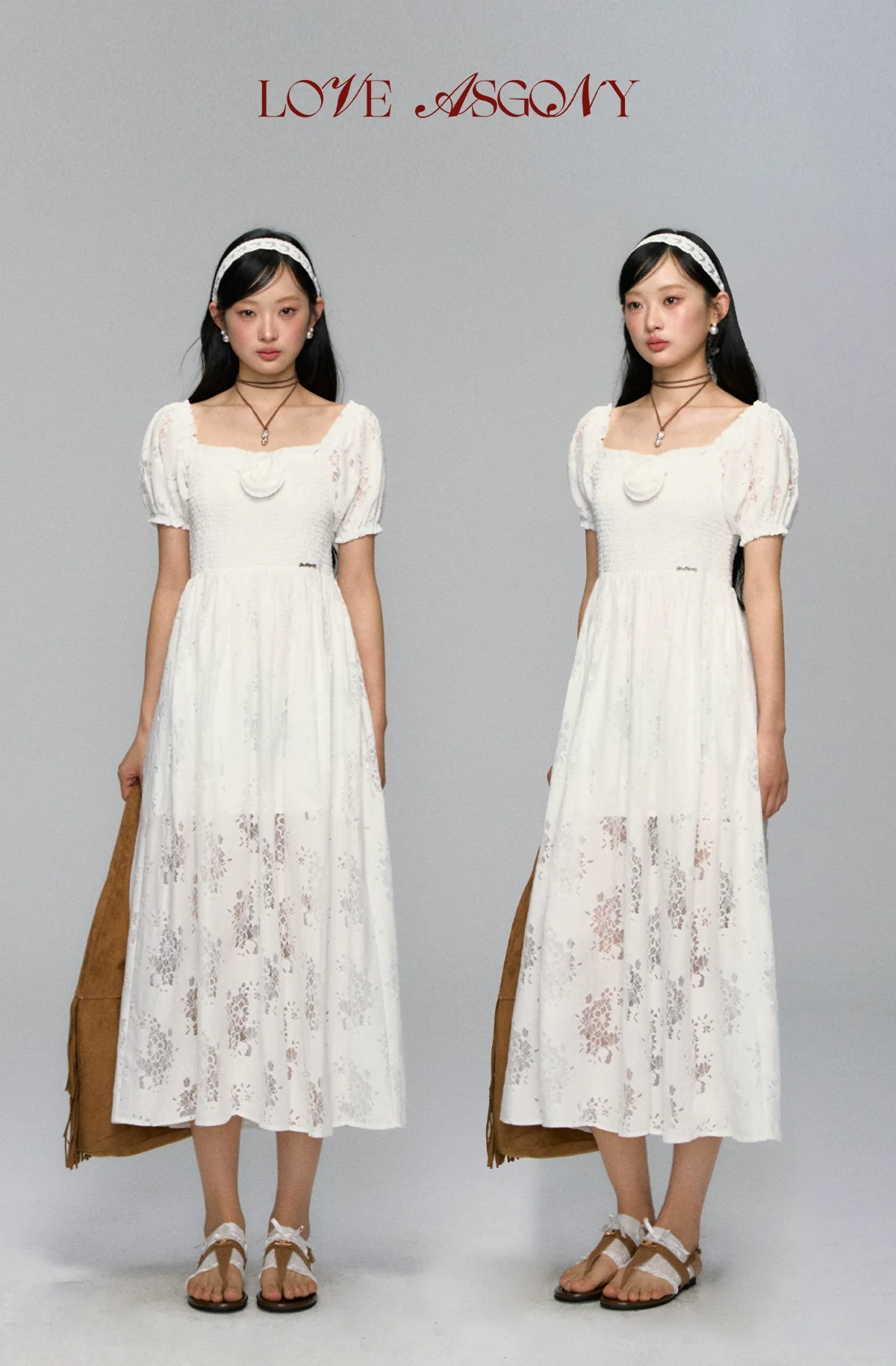Puff-Sleeve Flower Hollowed Dress
