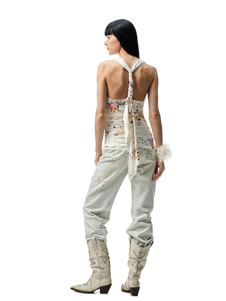 V-Neck Draped Collar Back Knot Tank Top