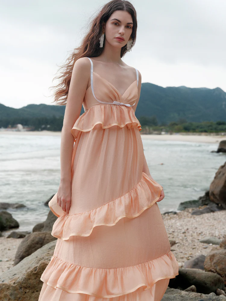 Ruffled Spaghetti Strap Backless Dress