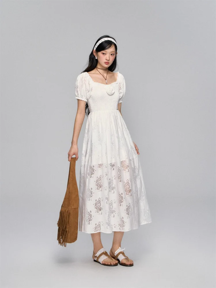 Puff-Sleeve Flower Hollowed Dress