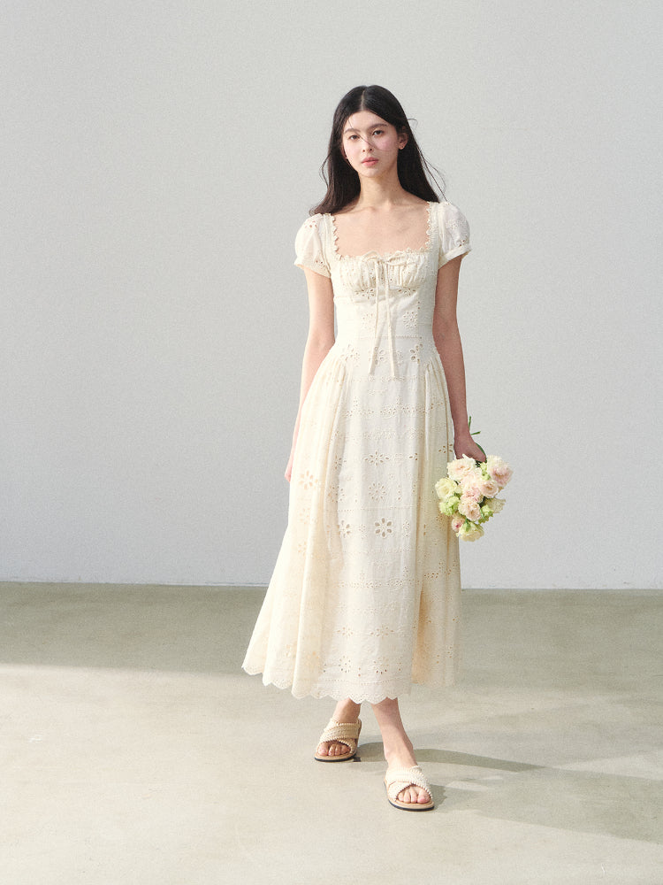 Square-Neck Embroidered Hollow Vacation-style Dress