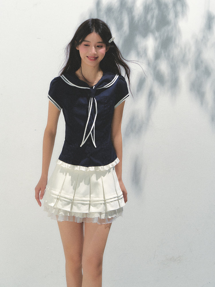 Navy Blue Naval Collar Waist - cinching Shirt