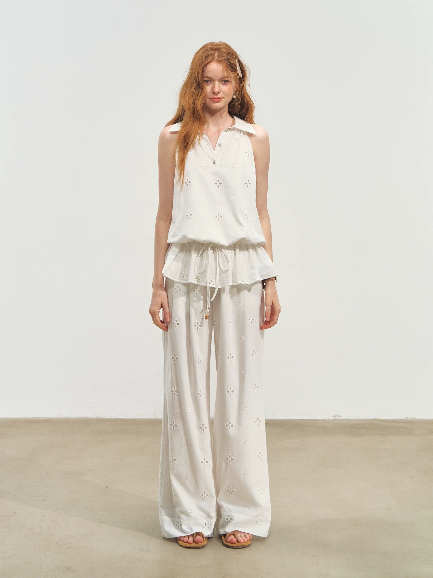 French-Style Printed Sleeveless Halter Tie-Up Top