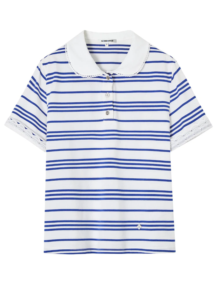Striped Lace Short-Sleeve Polo Neck T-Shirt
