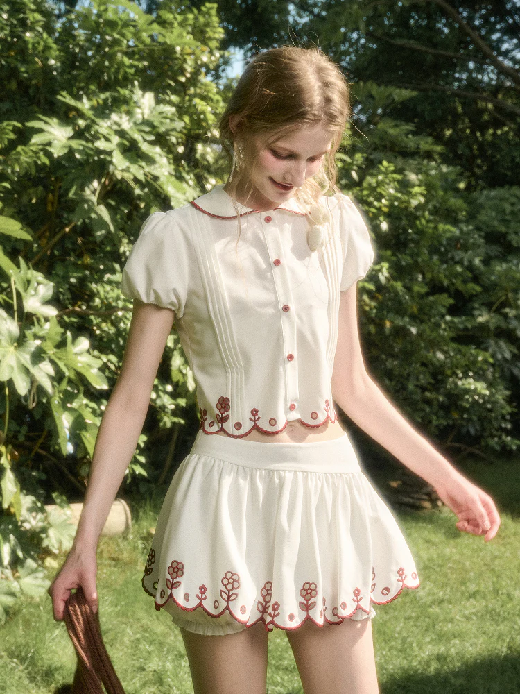 Lace Embroidery Airy Shirt & Skirt Set