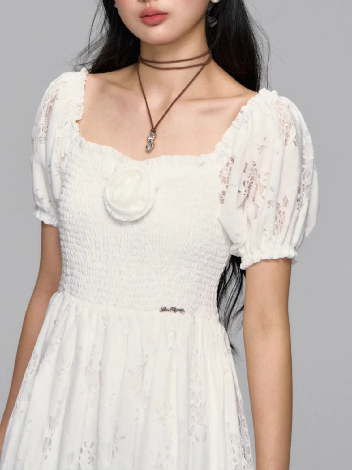 Puff-Sleeve Flower Hollowed Dress