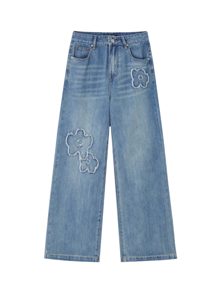 Raw-edge Flower-Patch Straight-leg Jeans