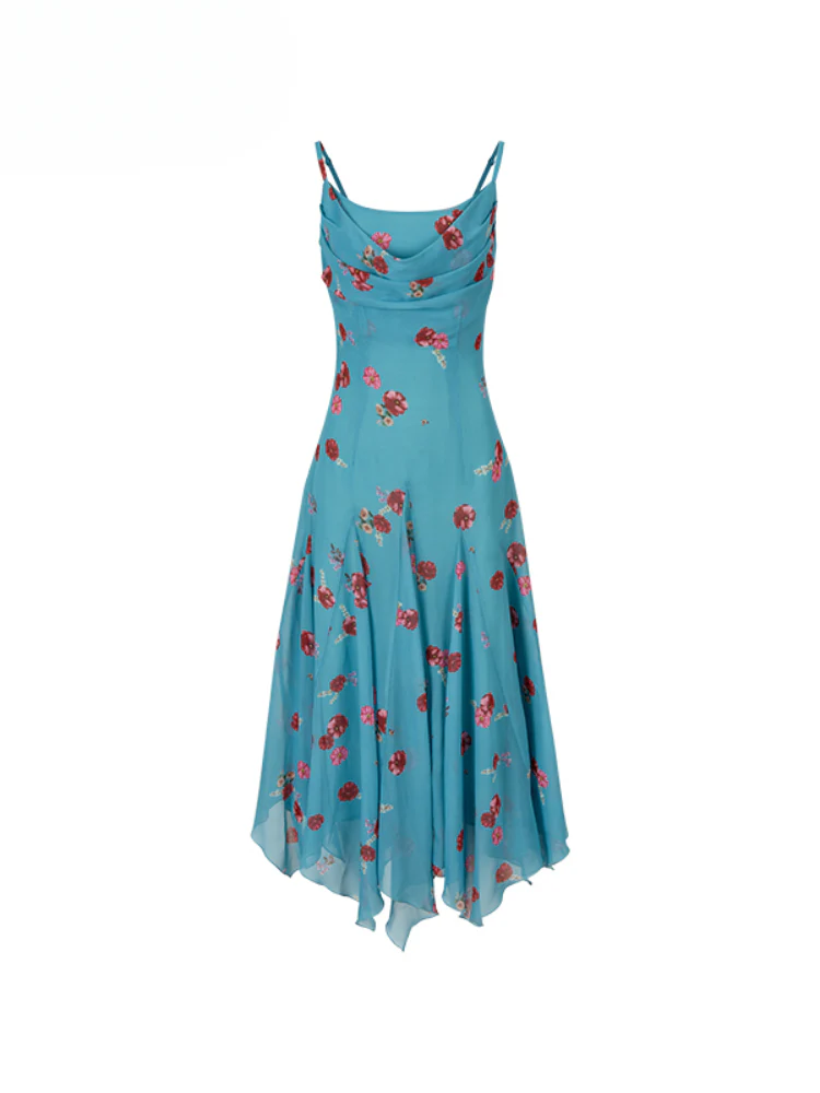 Flowing Flower Waist-cinched Cowl-neck Dress