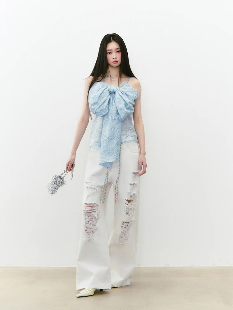 White Rhinestones Ripped Jeans