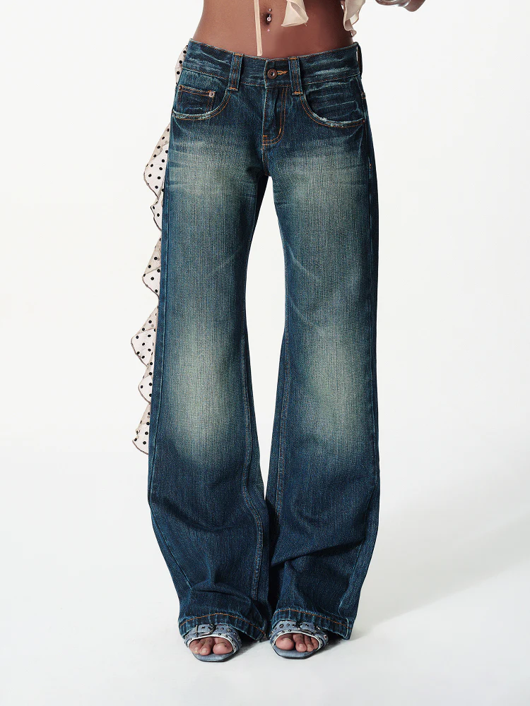 Distressed Washed Contrast Low-Waist Jeans