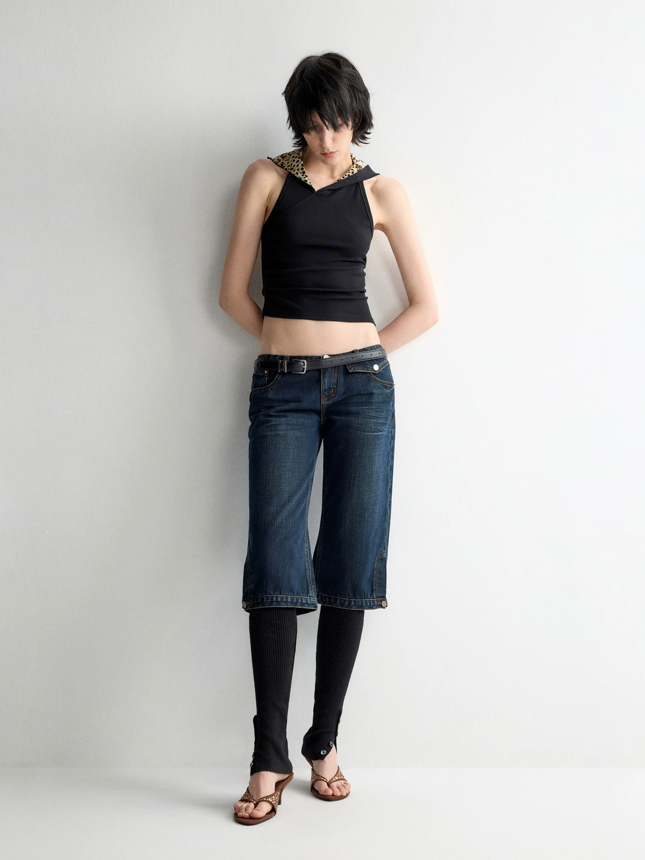Ultra-Low Waist Straight-Leg Bermuda Jeans