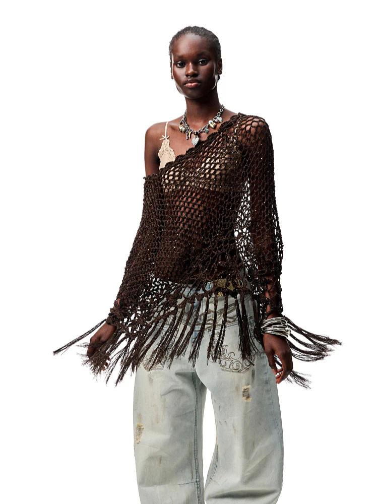 Hollow Out One-Piece Fringed Knit Shrug