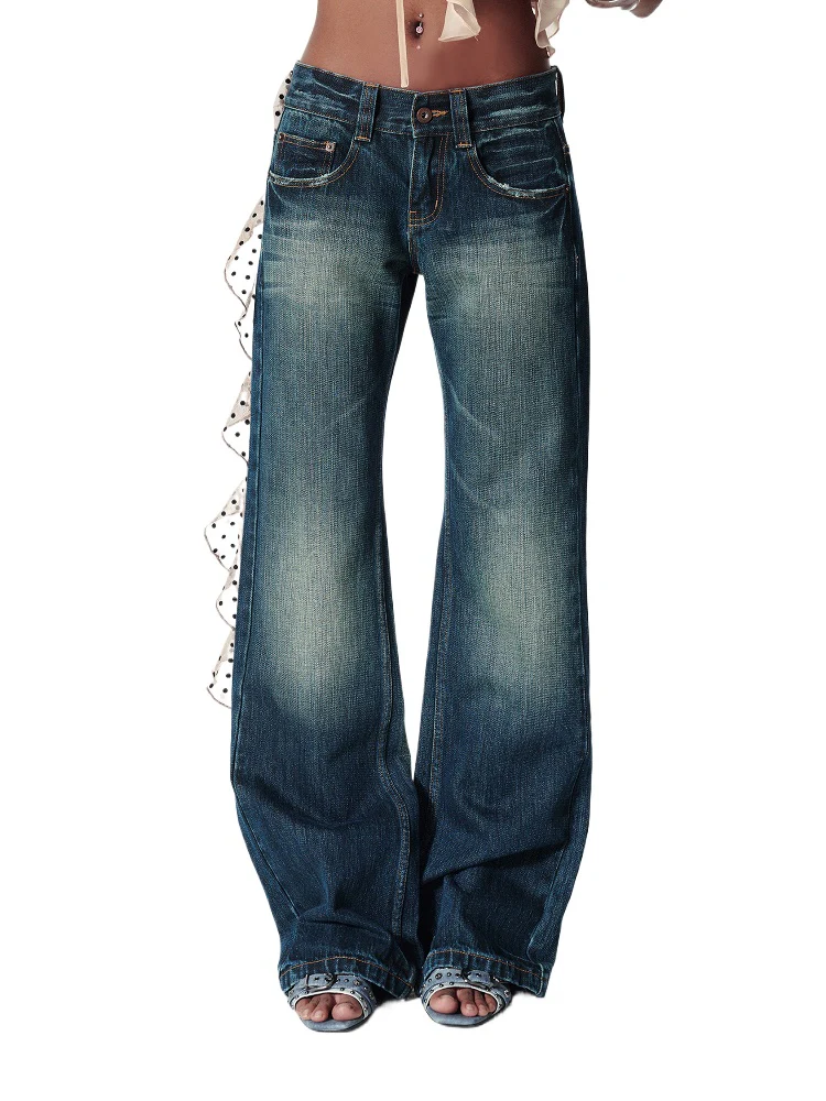 Distressed Washed Contrast Low-Waist Jeans