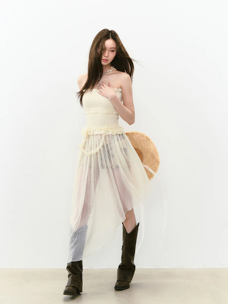 Irregular Strapless Mesh Dress