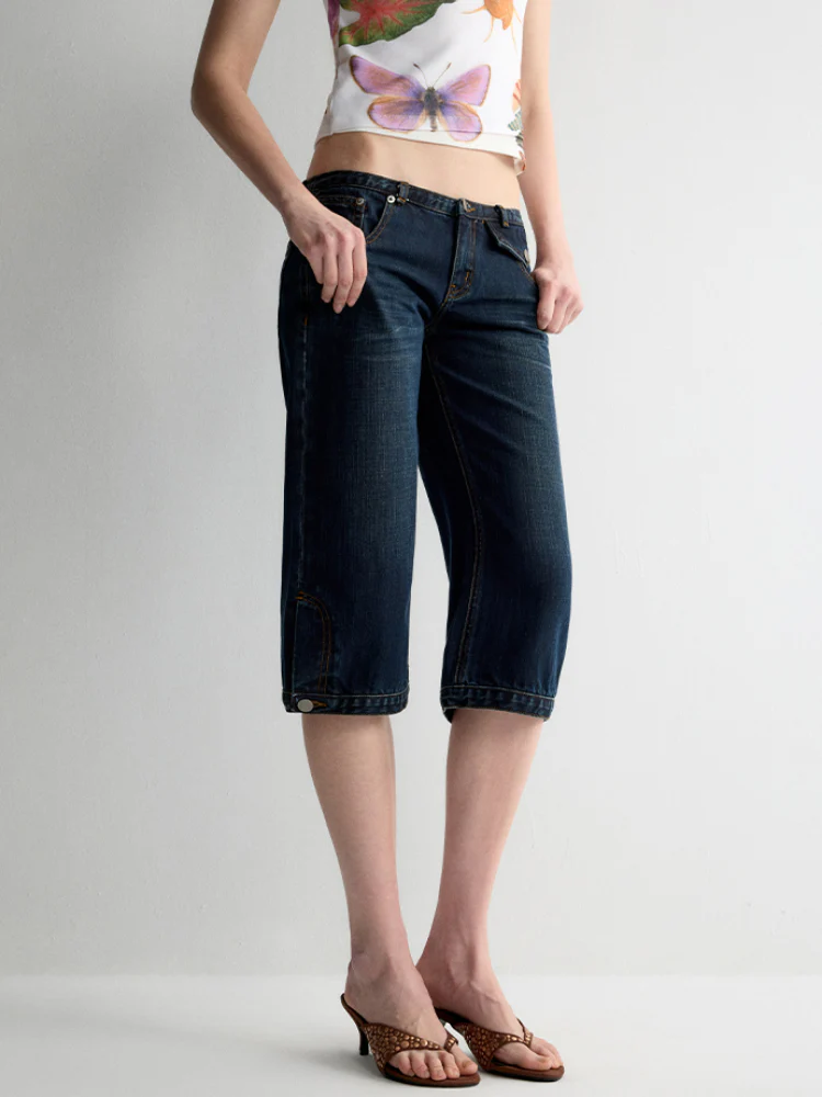 Ultra-Low Waist Straight-Leg Bermuda Jeans