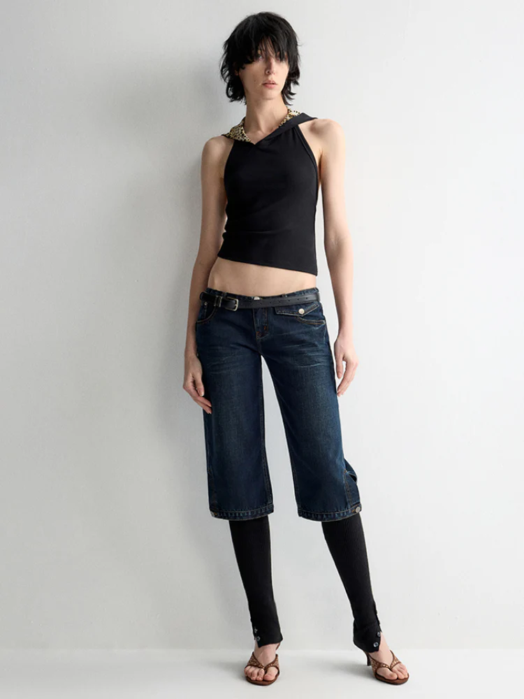 Ultra-Low Waist Straight-Leg Bermuda Jeans