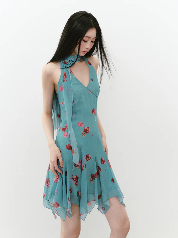 Blue Halter Printed Dress