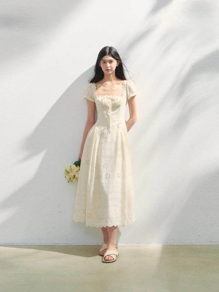 Square-Neck Embroidered Hollow Vacation-style Dress