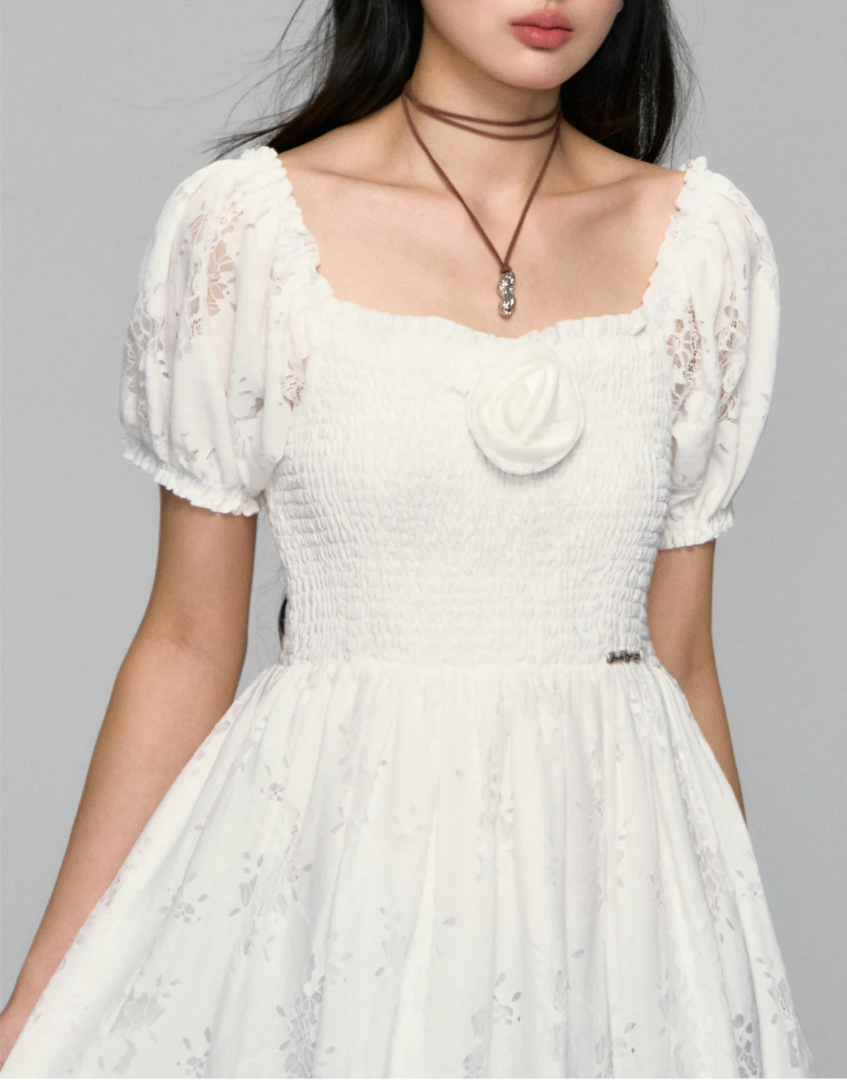 Puff-Sleeve Flower Hollowed Dress