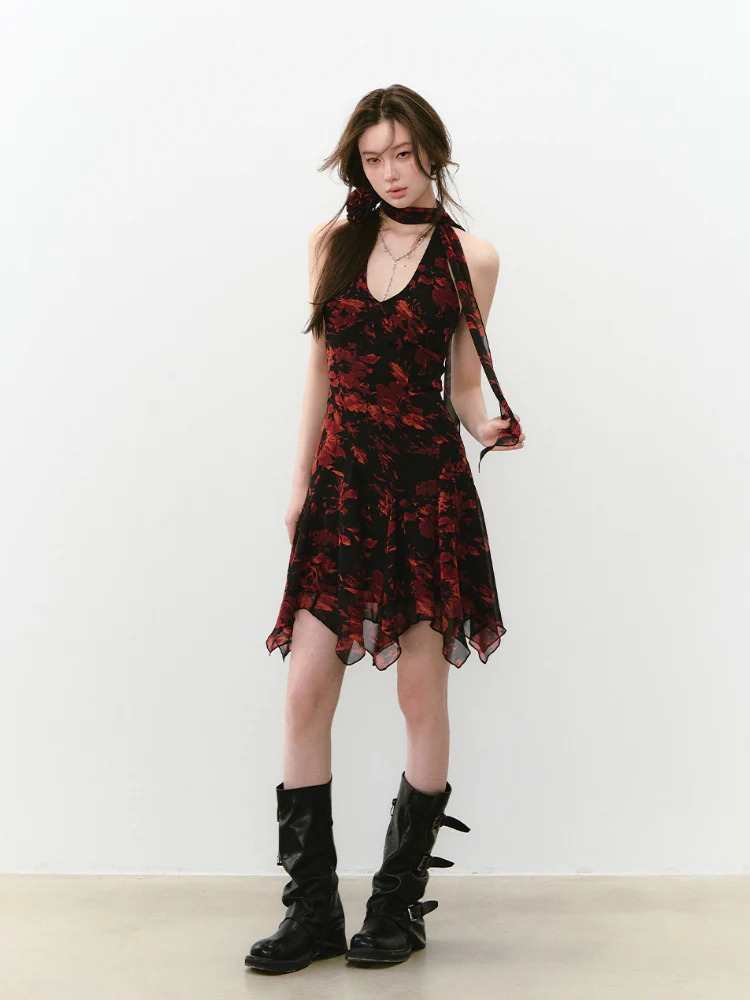 Blue Halter Printed Dress