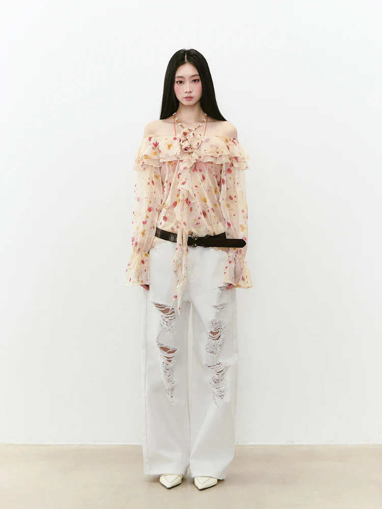 White Rhinestones Ripped Jeans