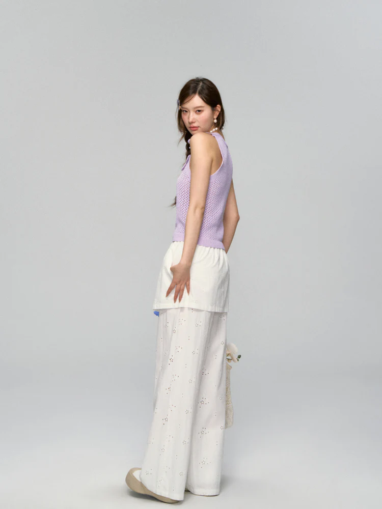 Hollow-Out Fauk Two Piece High-Waist Pants