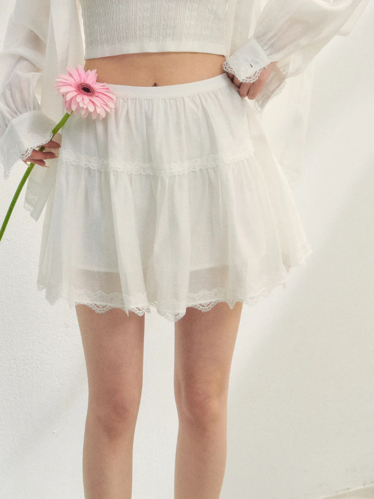 White Lace Panel Hooded Coat & Skirt Set