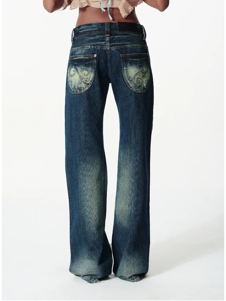 Distressed Washed Contrast Low-Waist Jeans