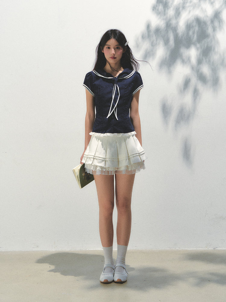 Navy Blue Naval Collar Waist - cinching Shirt