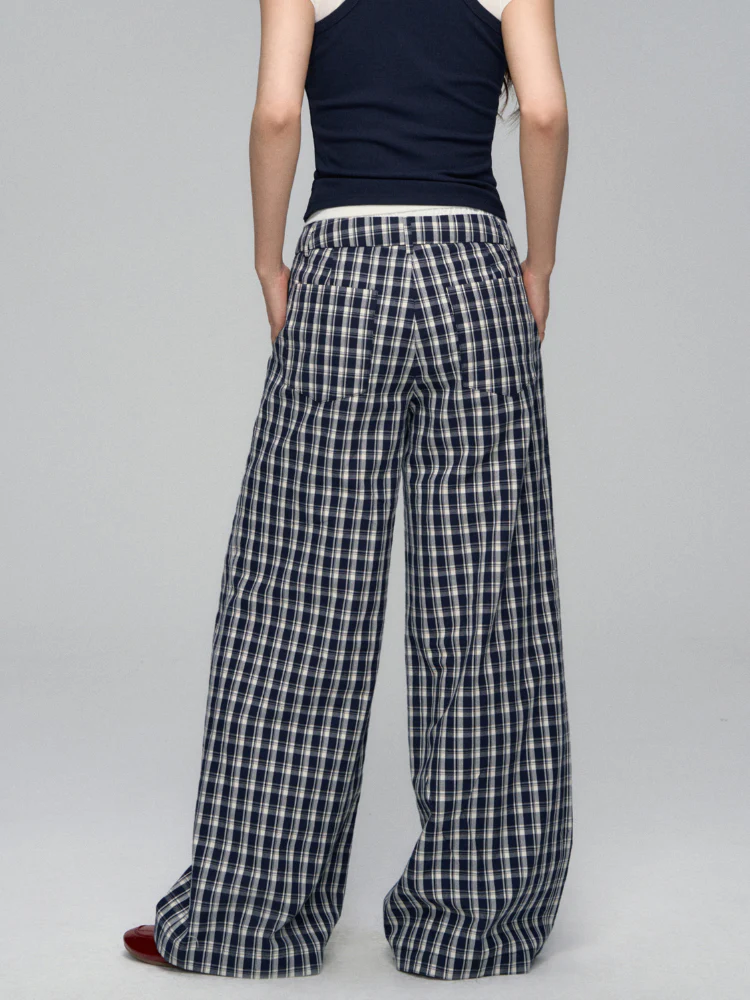 White Waistband Spliced Plaid Trousers
