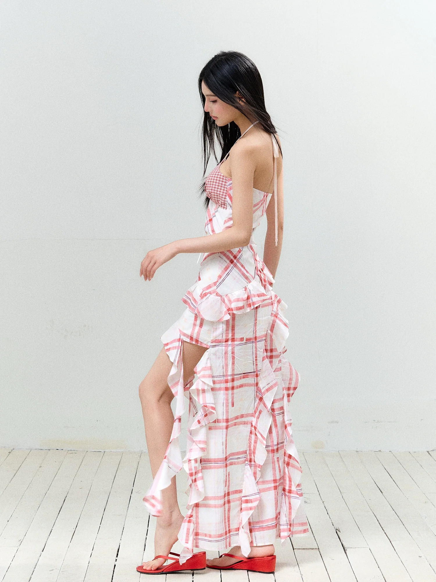 Asymmetric Ruffled Tie-Straps Dress