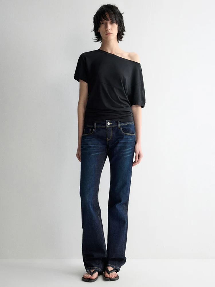 Washed Ultra Low Waist Straight Leg Jeans